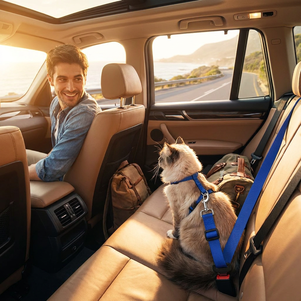 Man on a road trip with his cat secured by the Anchor belt