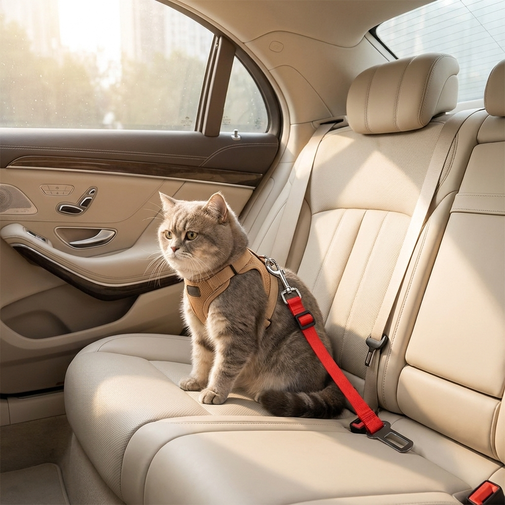 Cat calmly secured with the red Anchor car belt