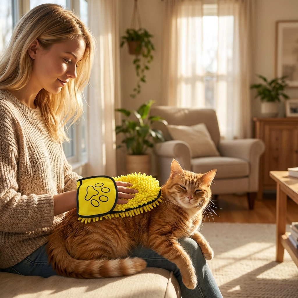 Woman drying a cat's coat with the yellow Cocoon towel