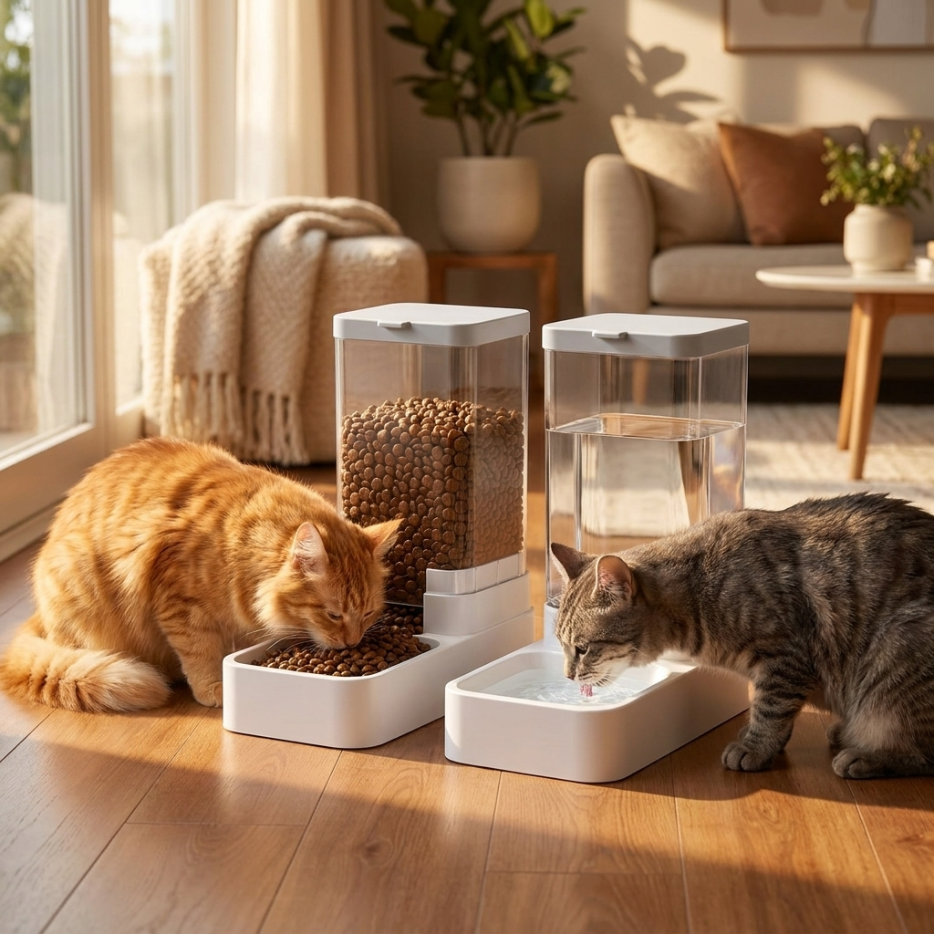 Two cats using the Fount food and water dispensers