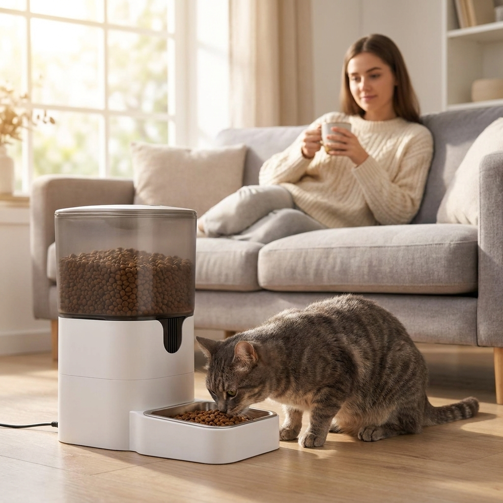 Cat eating from the Nova smart feeder in a living room