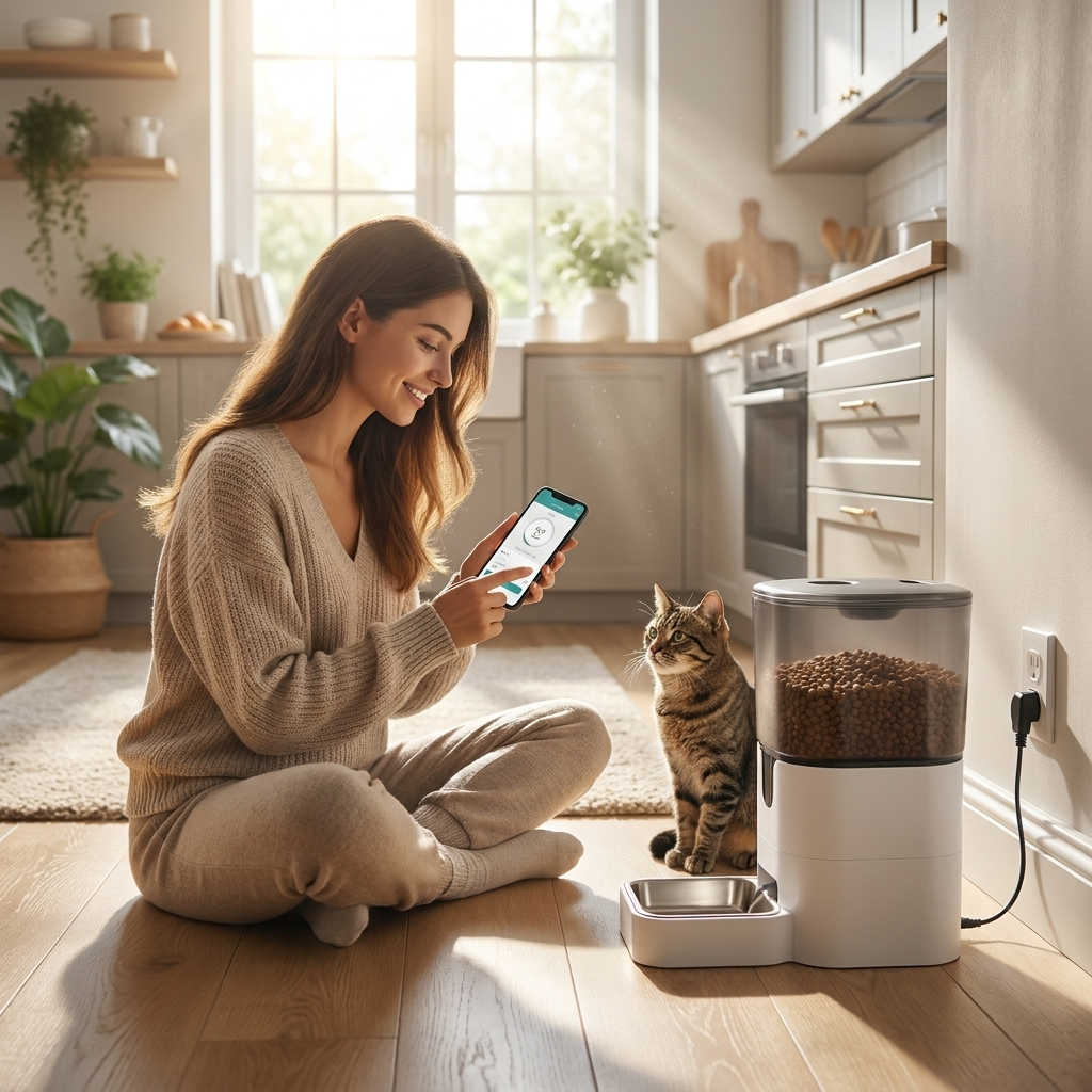 Woman scheduling meals on the Nova feeder app with her cat