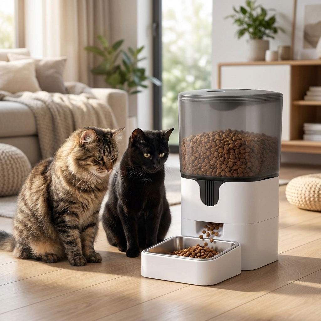 Two cats waiting by the Nova smart feeder
