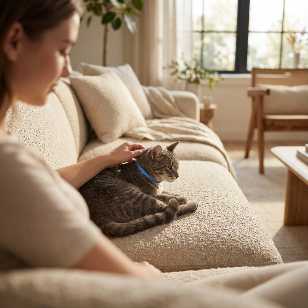 Woman petting a calm cat wearing the blue Serene collar on a sofa