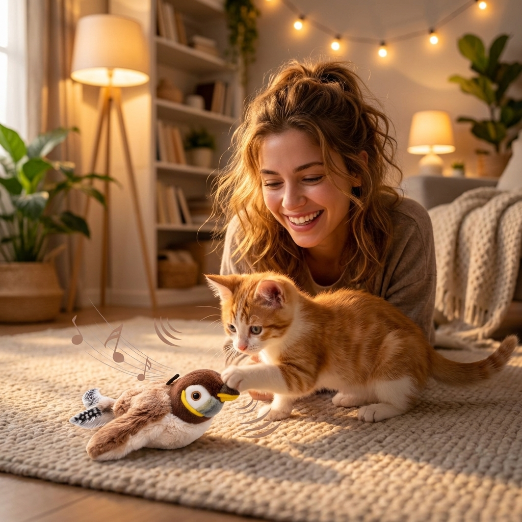 Woman playing with her cat and the Wren bird toy