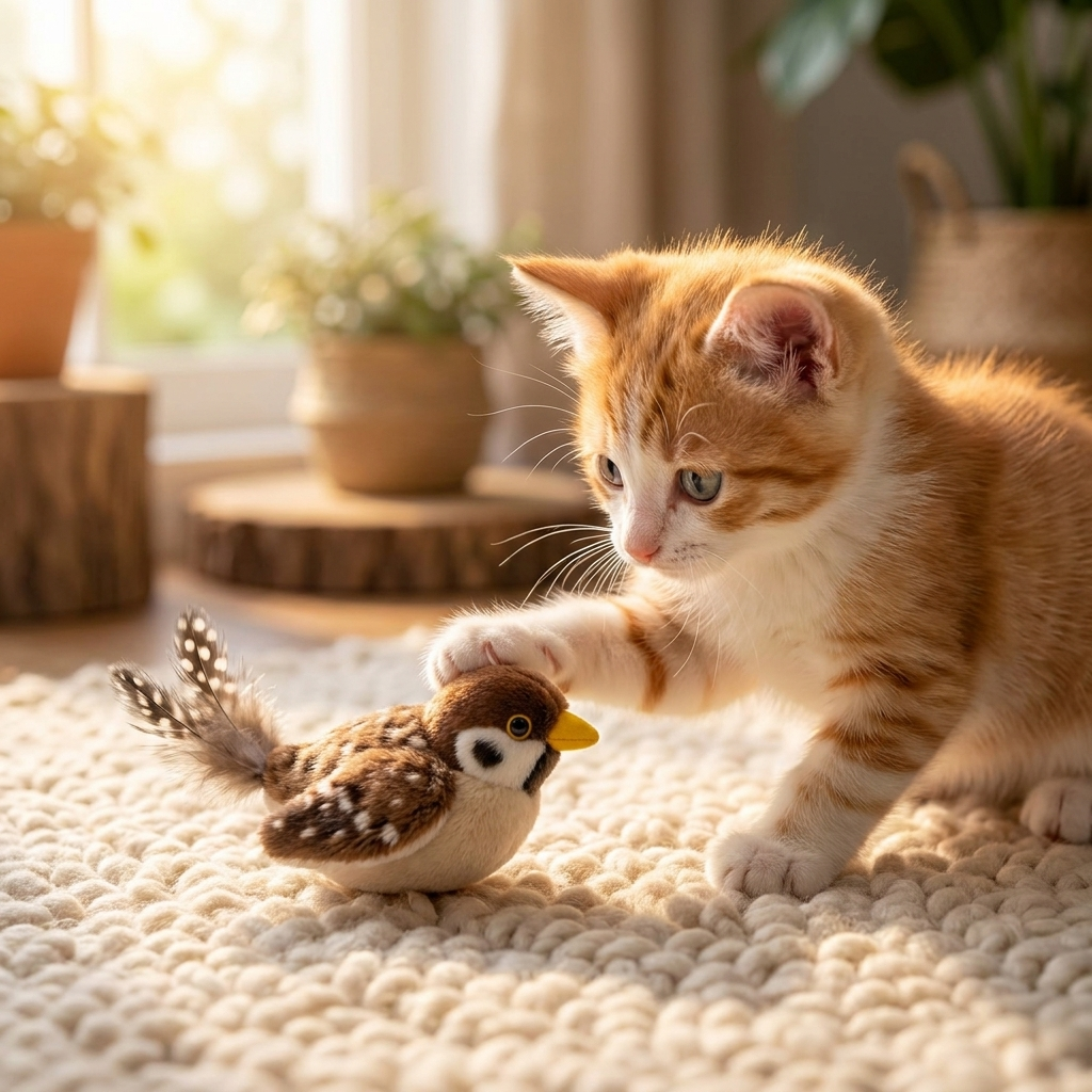 Cat batting the Wren bird toy by a window