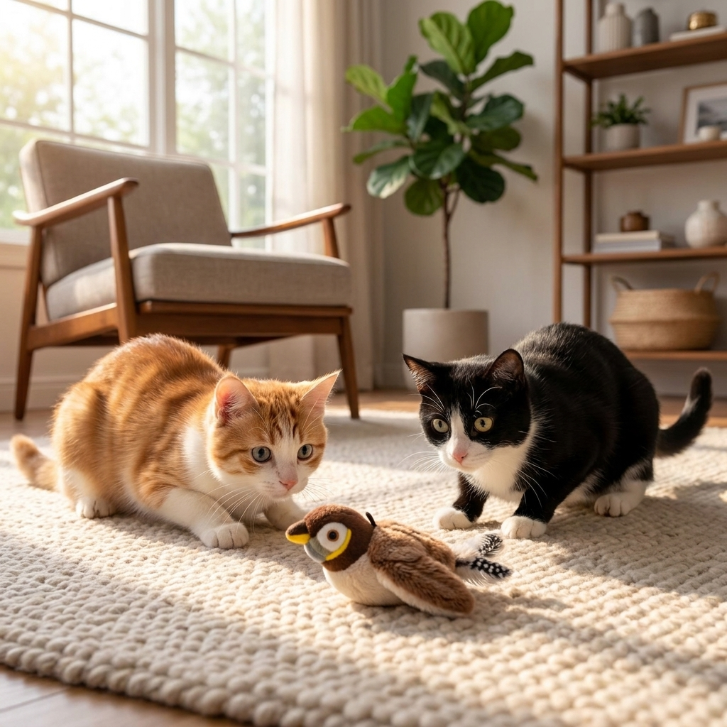 Two cats playing with the Wren bird toy