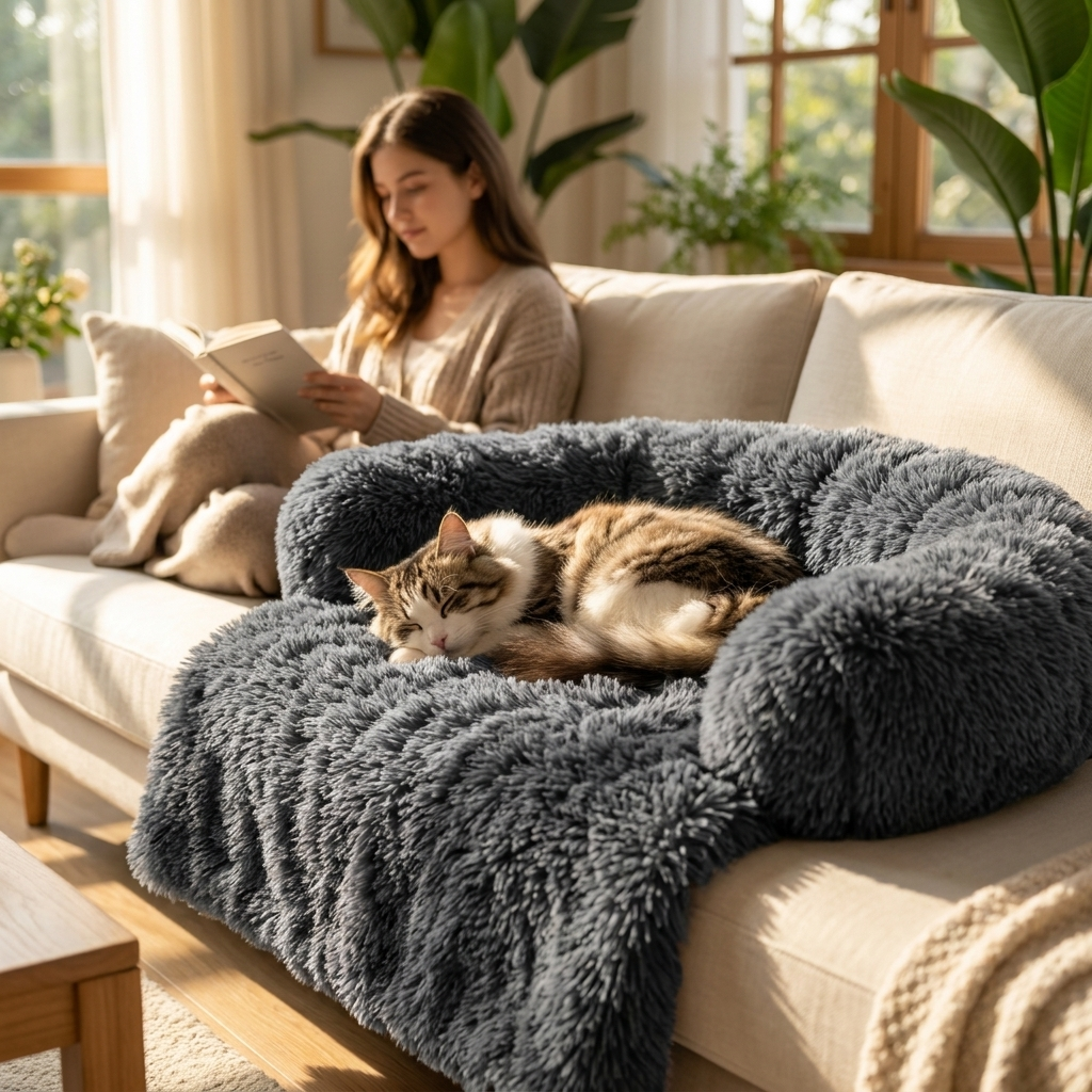 Cat asleep in the light grey Willow protector on a sofa, woman reading