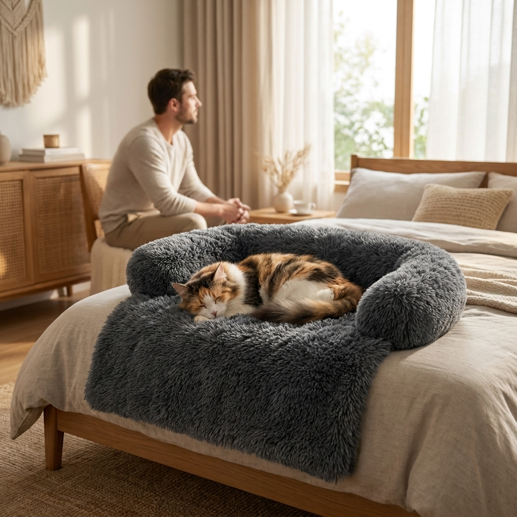 Cat sleeping in the dark grey Willow protector on a bed