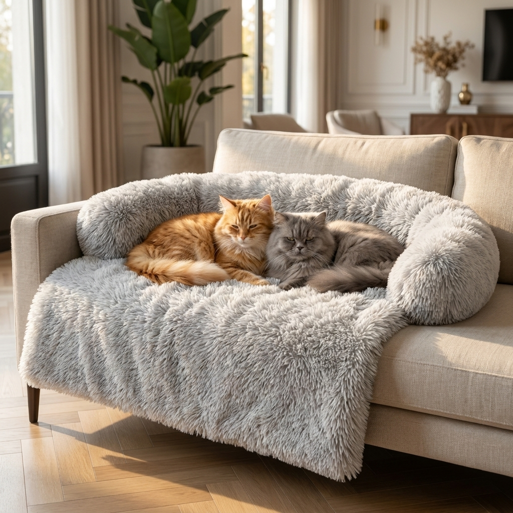 Two cats sharing the light grey Willow protector on a sofa