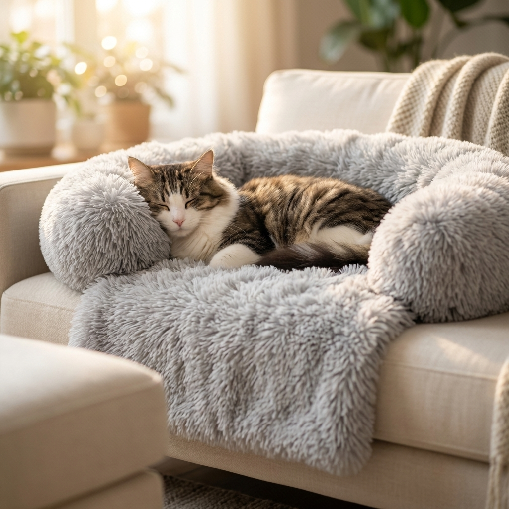 Cat curled asleep in the light grey Willow sofa protector