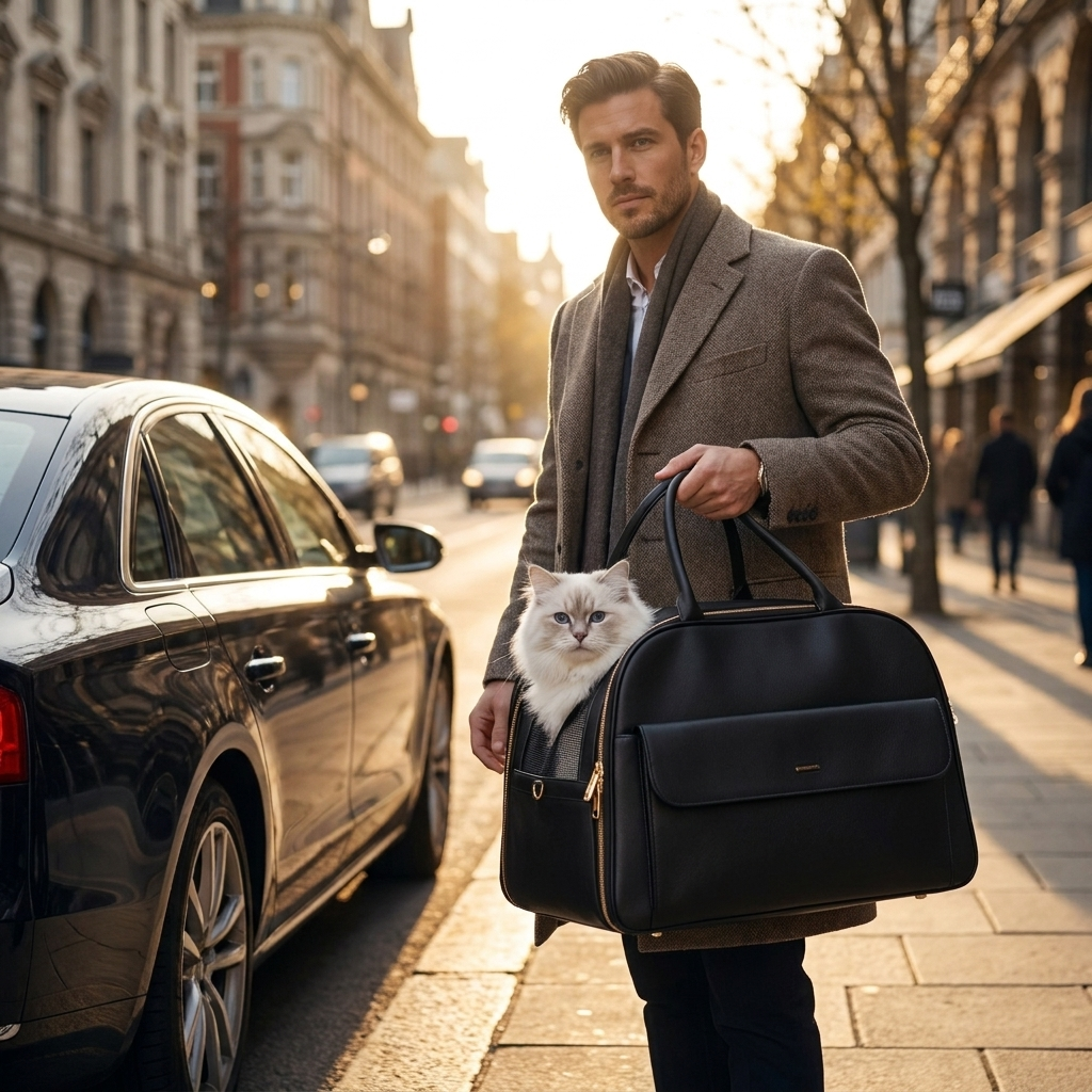 Man carrying the black Marlowe carrier with a cat on a city street