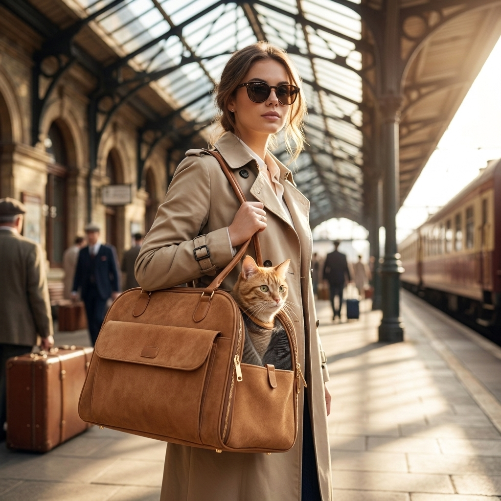 Woman with the brown Marlowe carrier and a cat at a train station