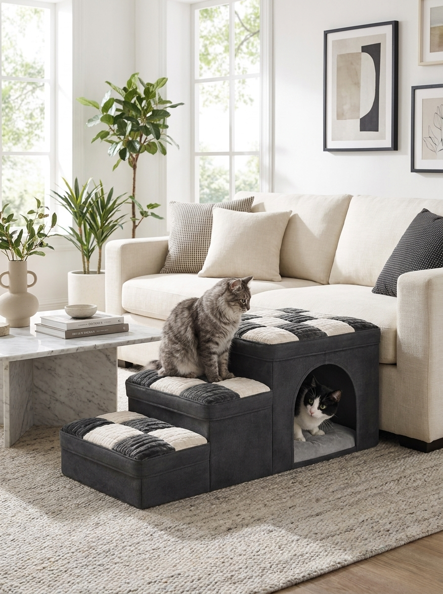 Two cats using the grey Escala cat stairs, one on a step and one in the den