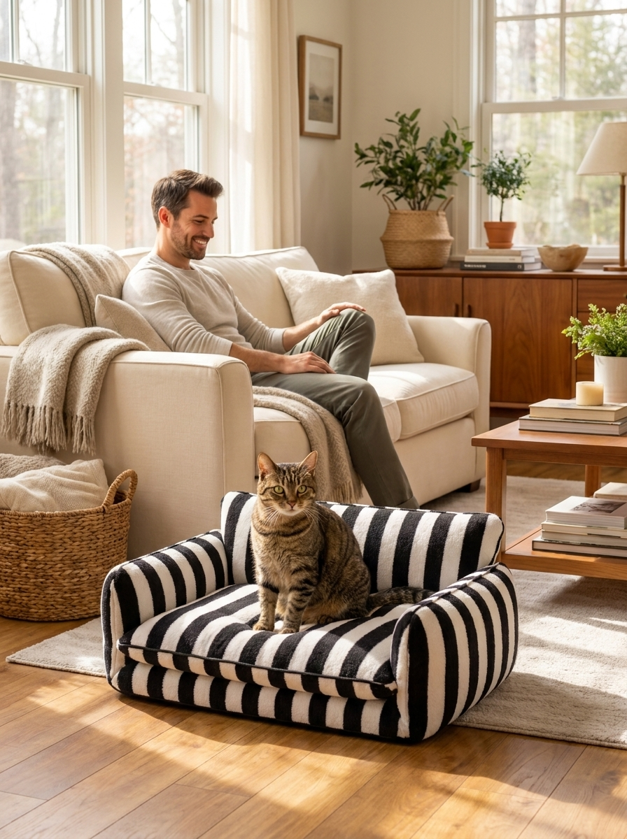 Cat on the black Bijou cat sofa with a man nearby