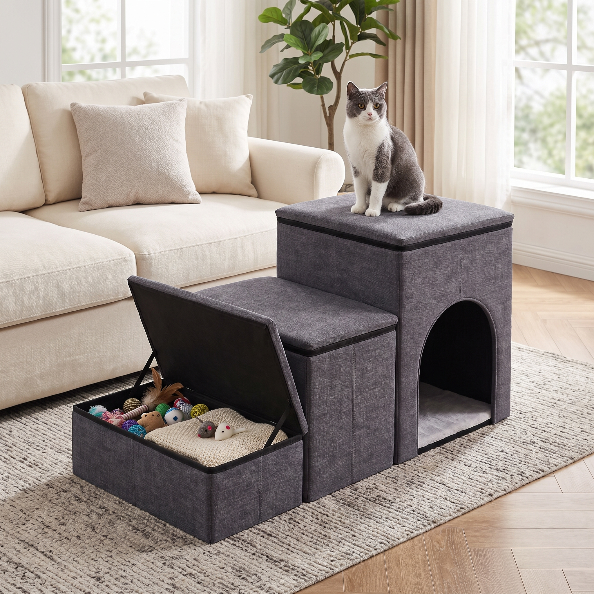 Grey Purrela Ascend cat stairs with a step lifted showing hidden toy storage