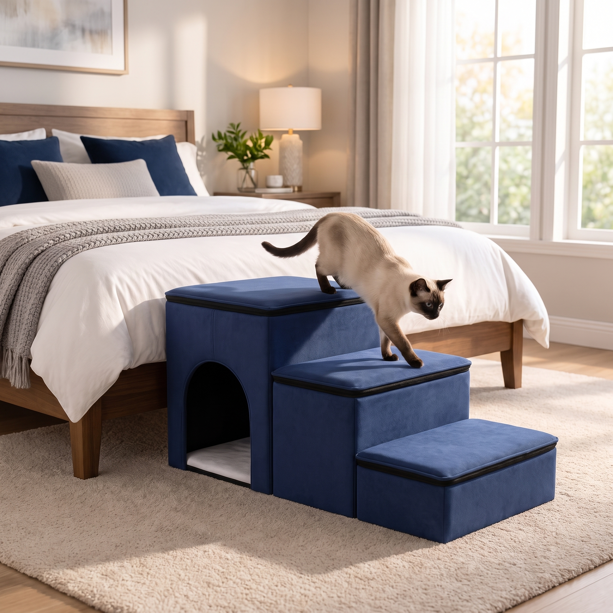 Siamese cat descending navy Purrela Ascend cat stairs from a bed