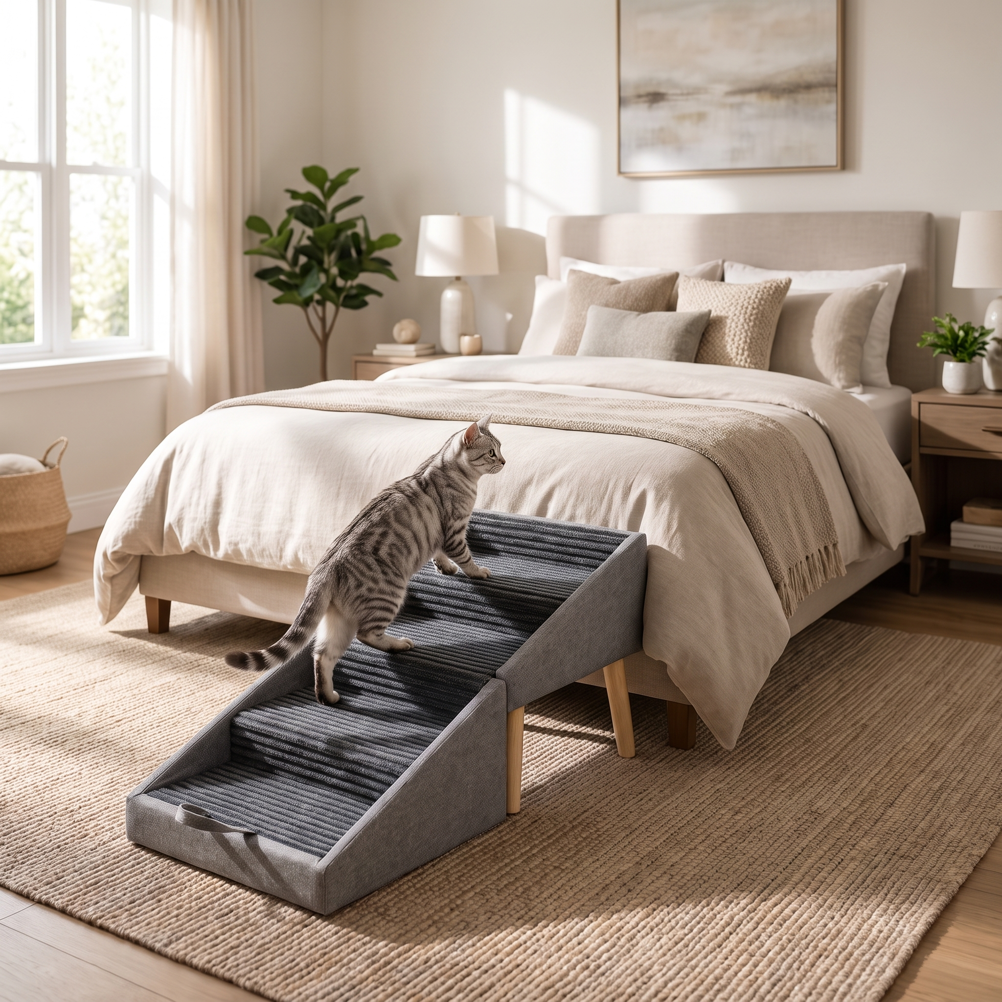 Silver tabby cat climbing the grey Crest cat stairs to a bed