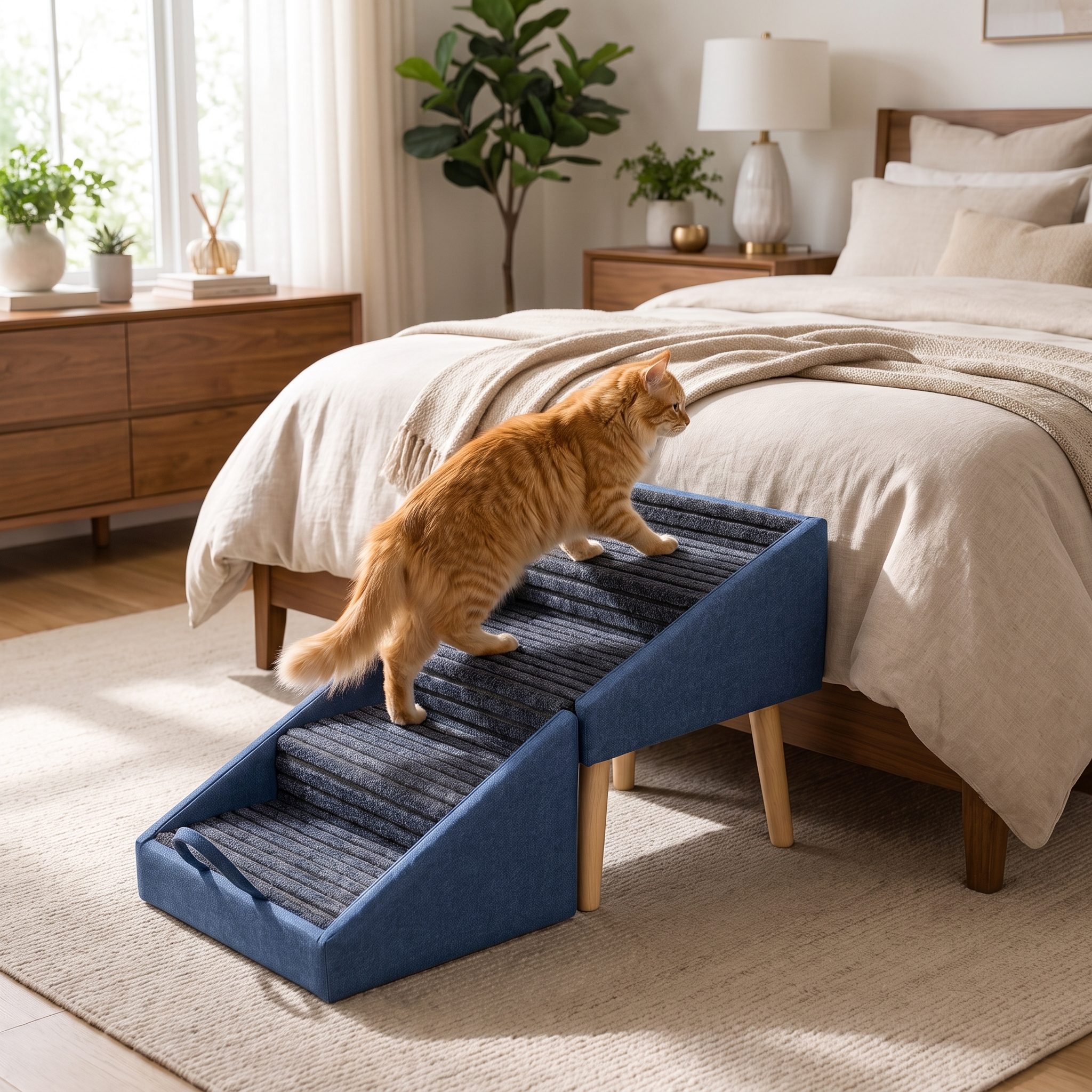 Ginger cat climbing the navy Crest cat stairs beside a bed