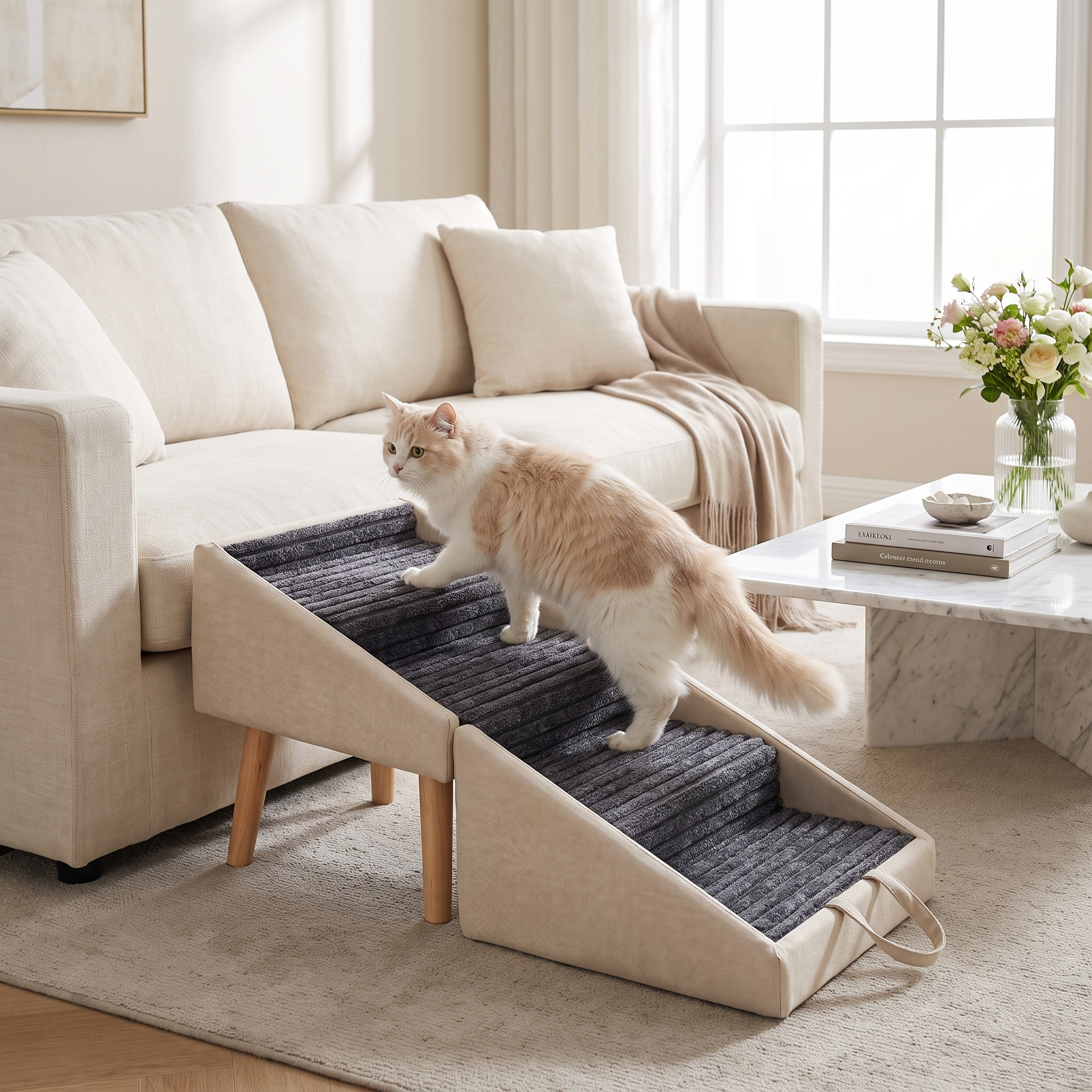 Fluffy cat on the cream Crest cat stairs beside a sofa