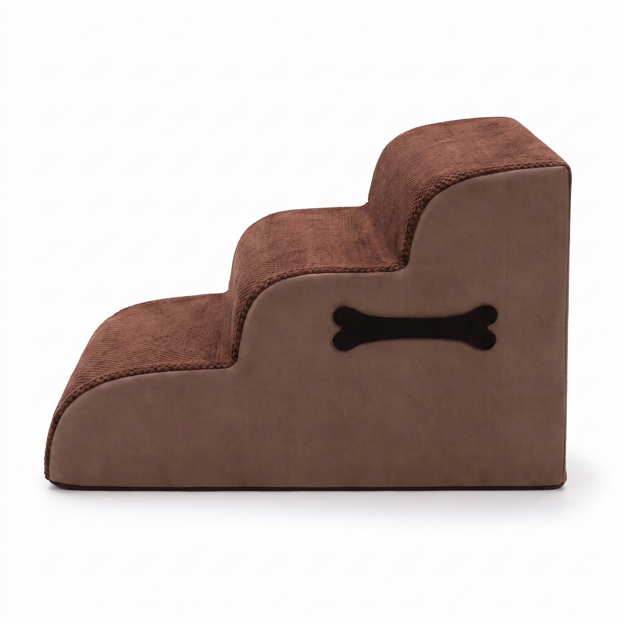 Brown Bloom plush foam cat stairs with bone tag, 3-step, studio white background