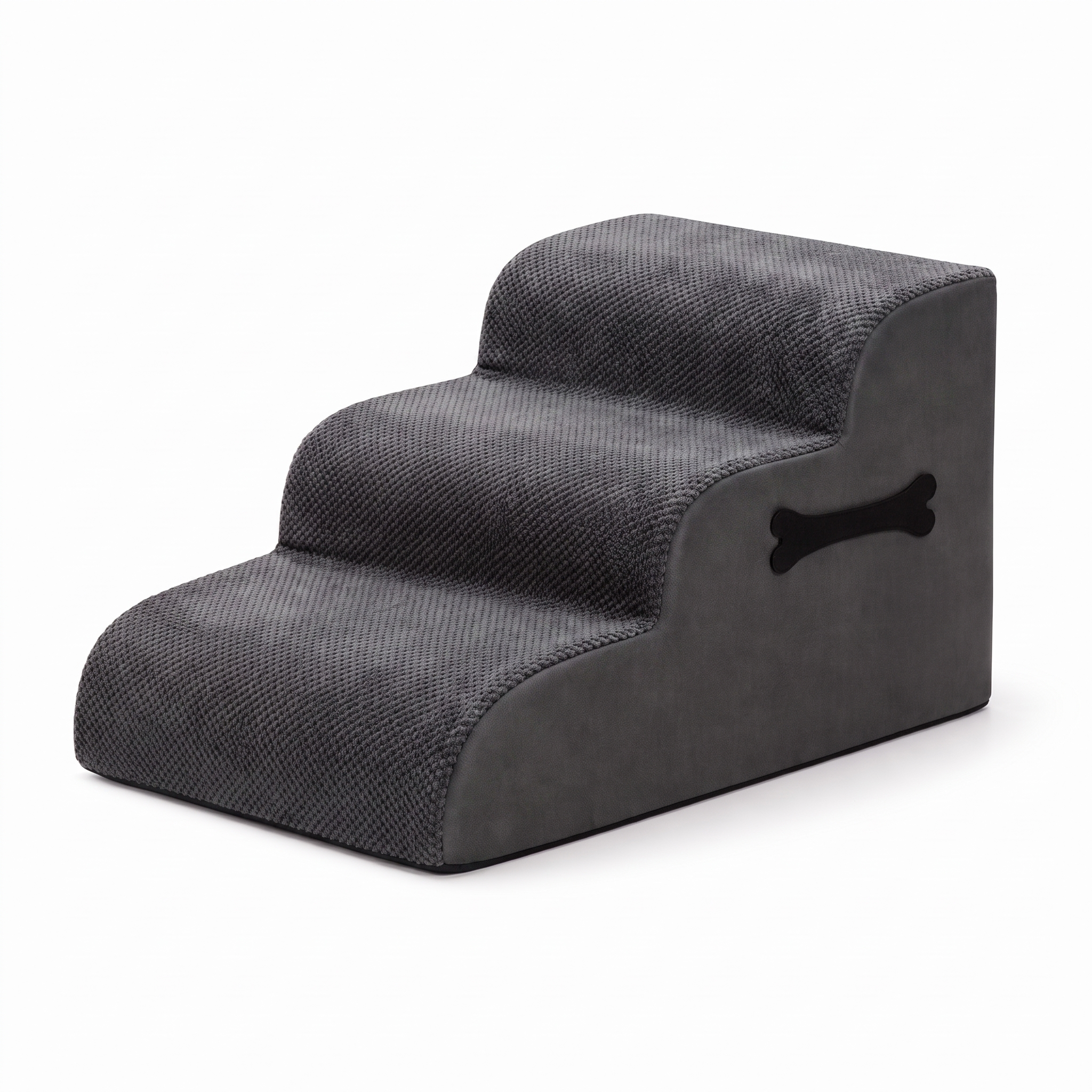 Grey Bloom plush foam cat stairs with bone tag, 3-step, studio white background