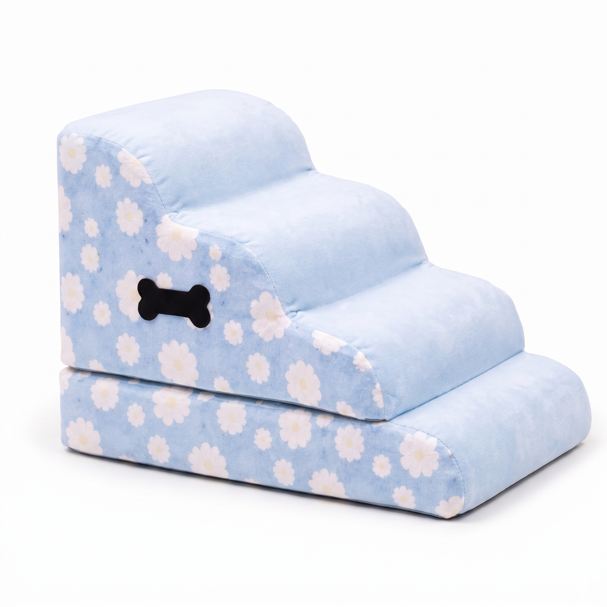 Blue daisy floral Bloom plush foam cat stairs with bone tag, 4-step, studio white background
