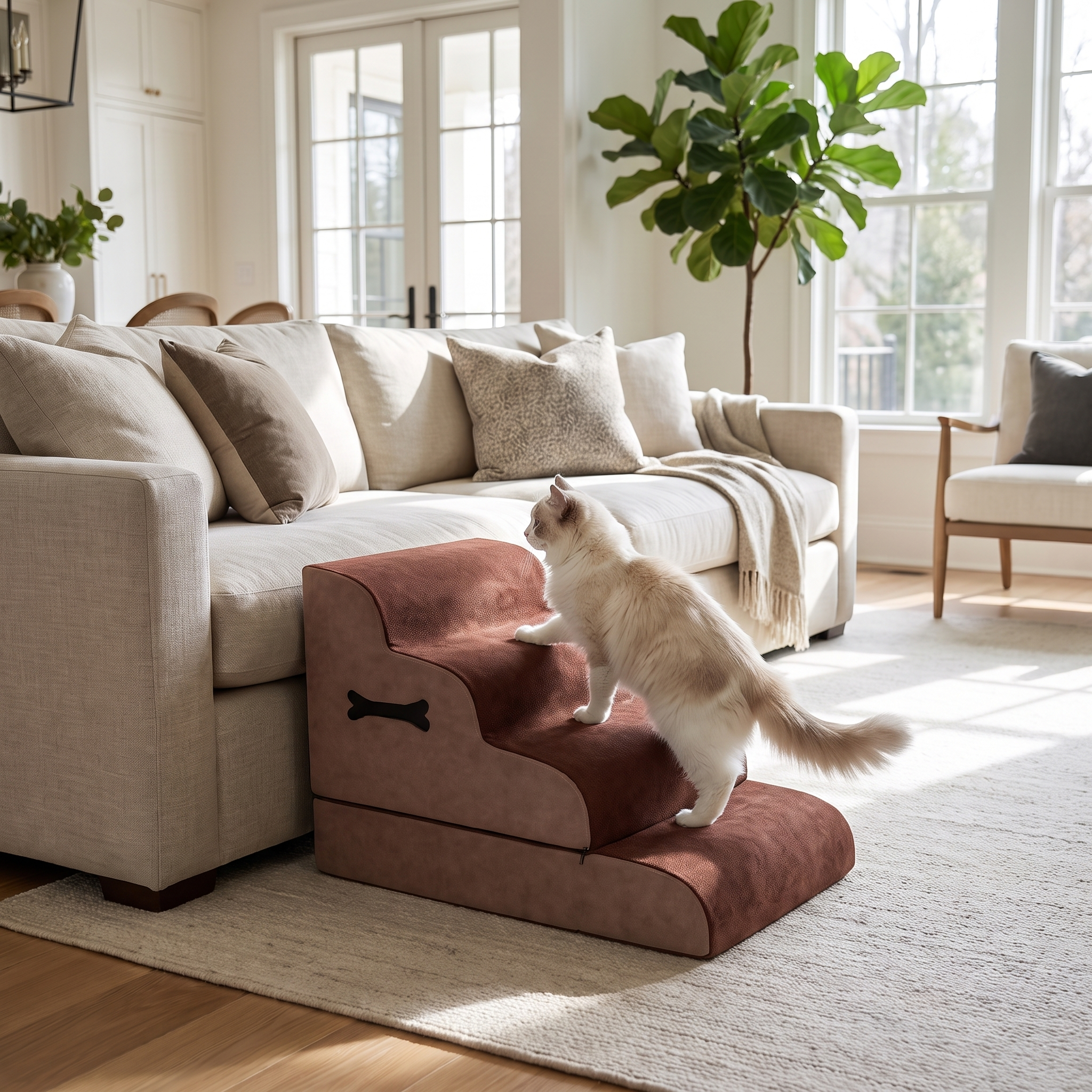 Fluffy cat climbing brown Bloom cat stairs beside a sofa