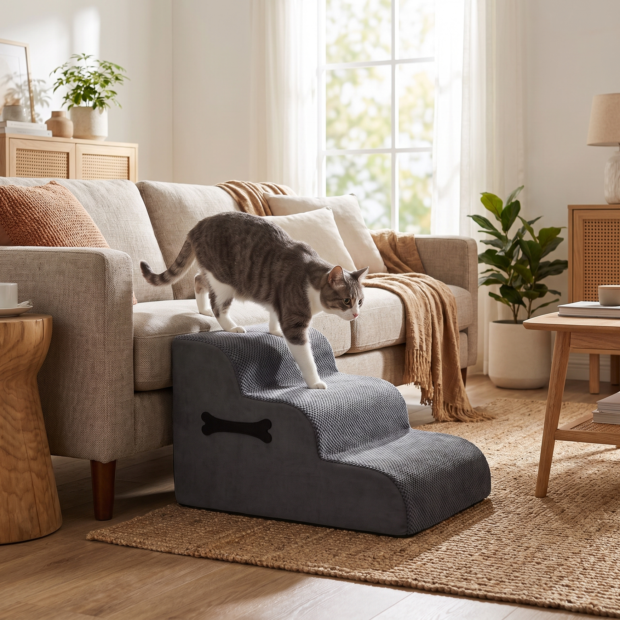 Cat walking down grey Bloom cat stairs in the 3-step setup