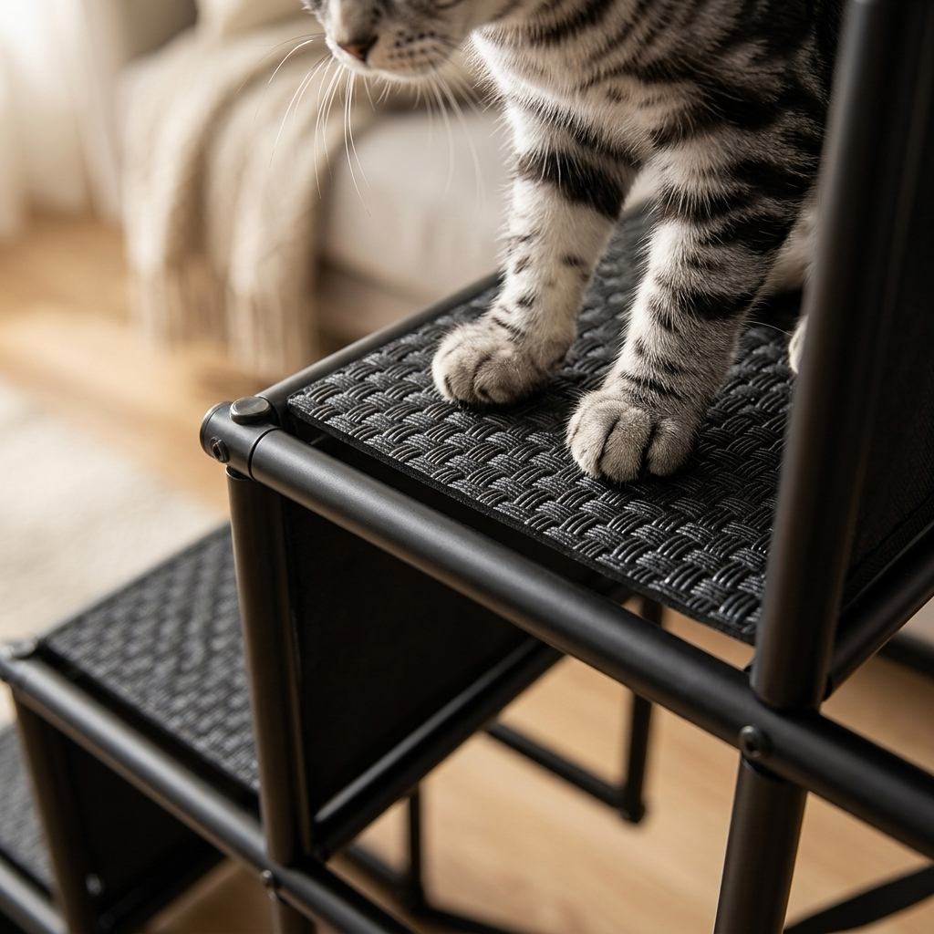 Close-up of cat paws on the non-slip textured step of the Summit cat stairs