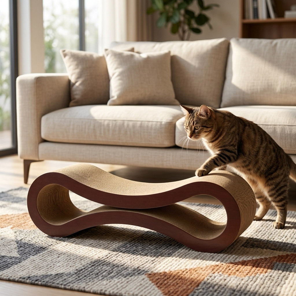 Wave cat scratcher lounge as modern decor beside a sofa