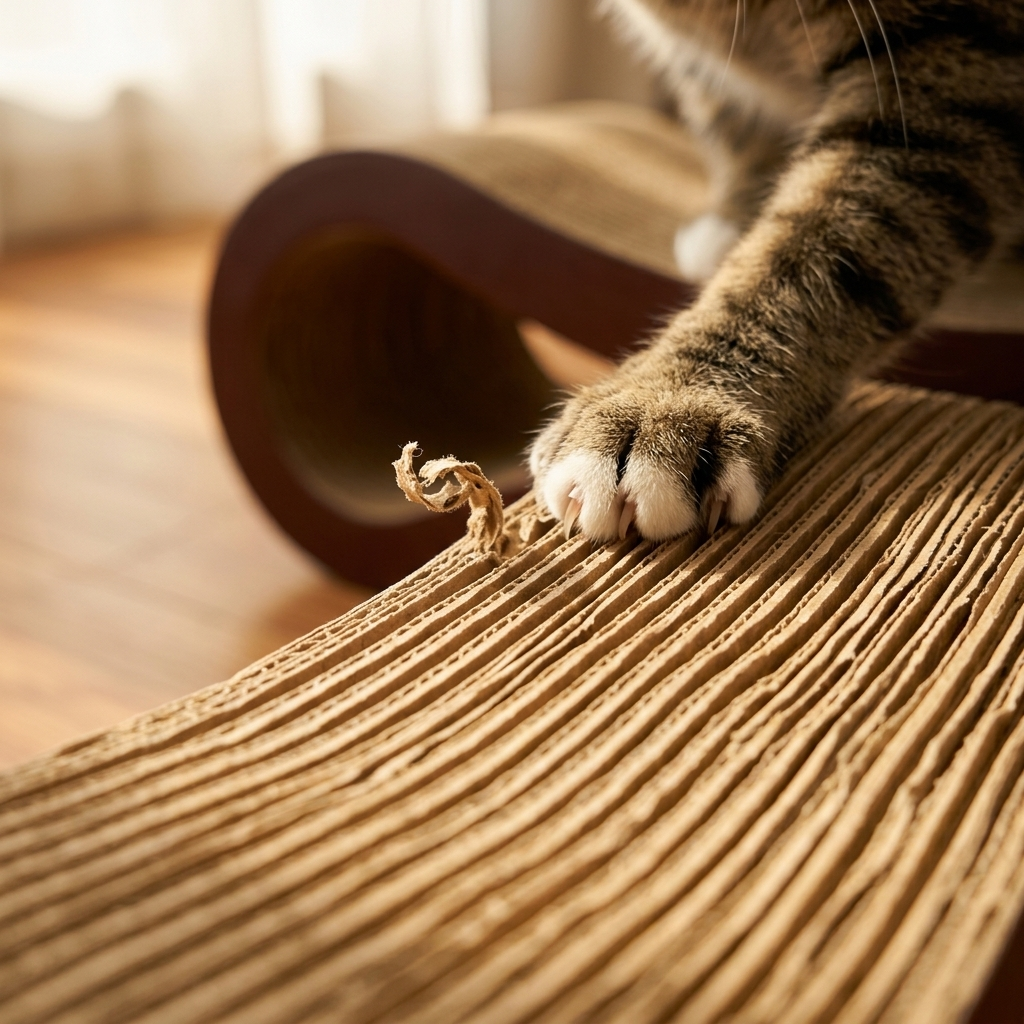 Close-up of cat paw scratching corrugated cardboard ridges
