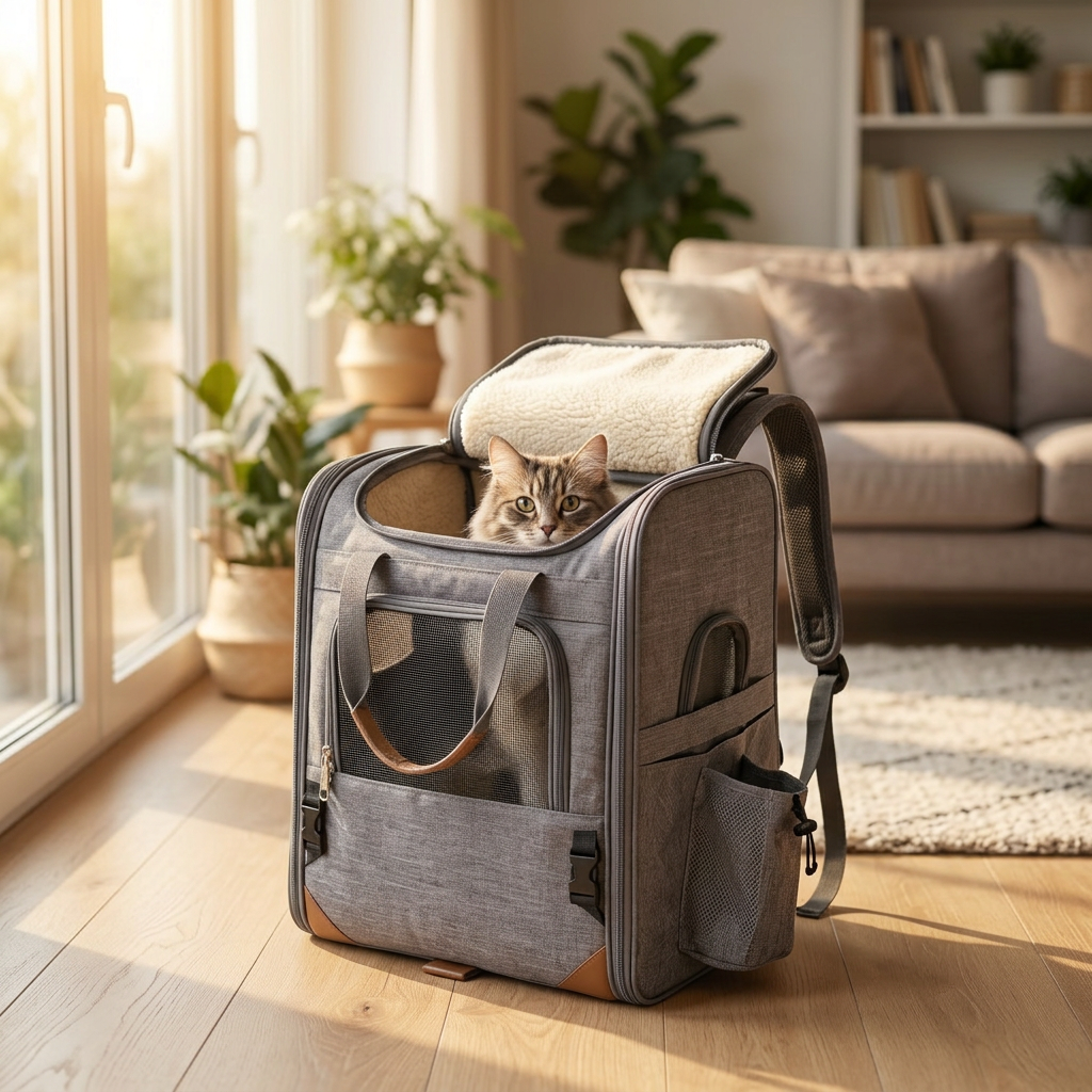 Cat peeking from the top of the Nomad carrier at home