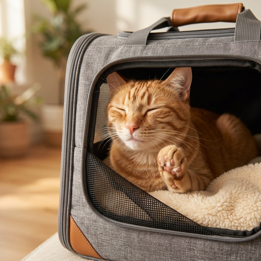 Close-up of cat resting on sherpa cushion behind the Nomad carrier mesh window