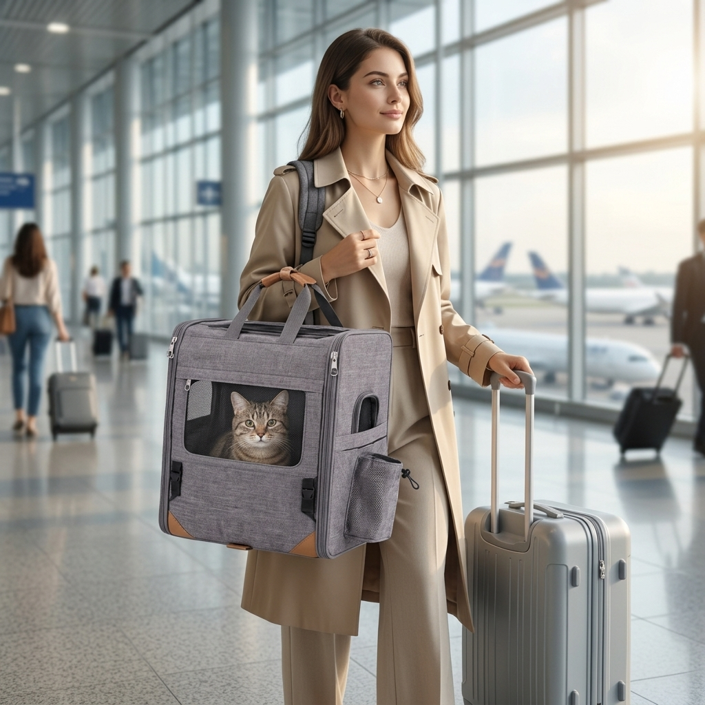 Woman carrying the Nomad cat carrier through an airport