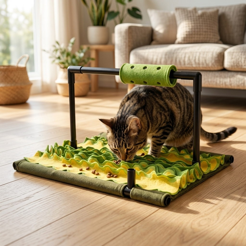 Cat foraging in the Graze snuffle mat folds