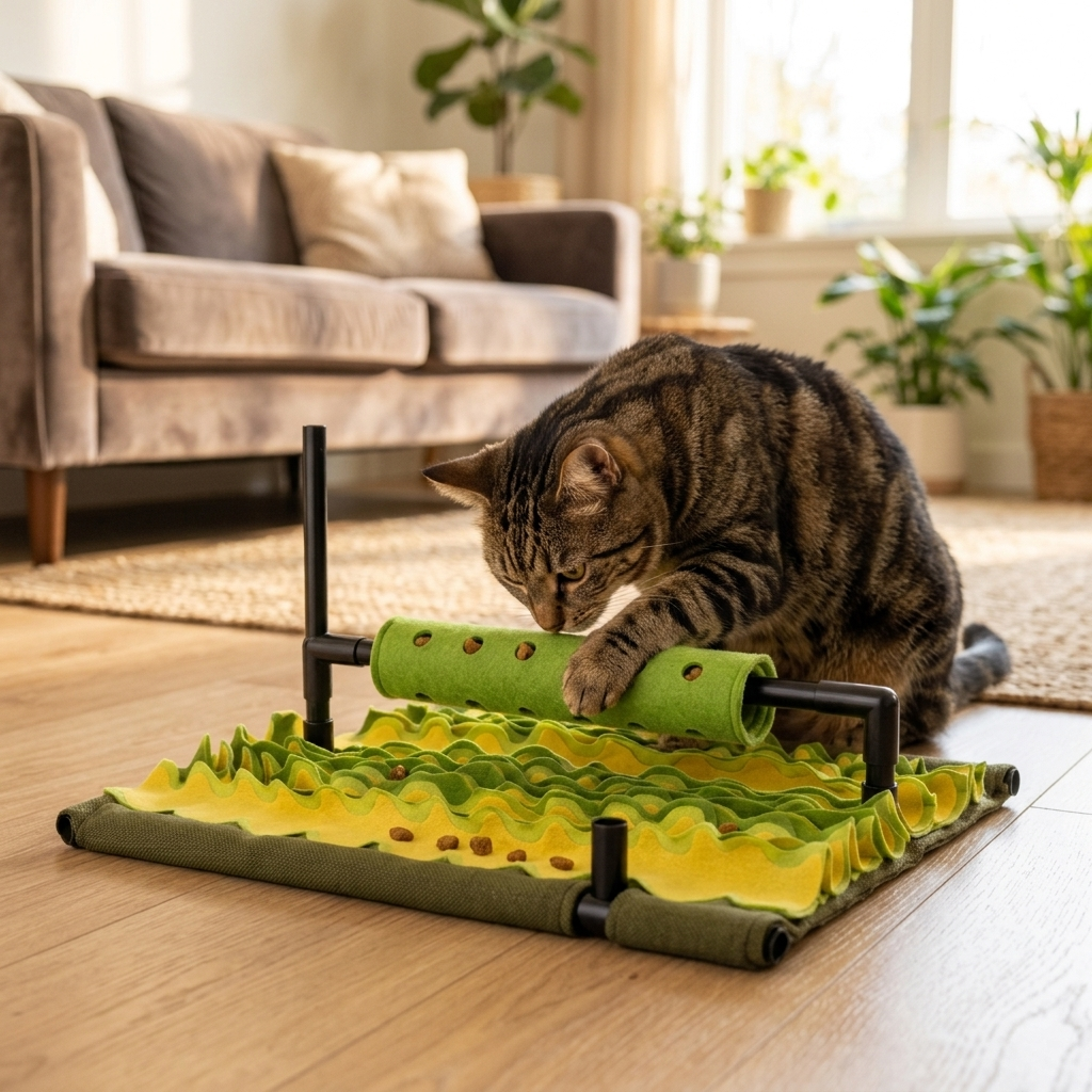Cat nosing the Graze snuffle roller