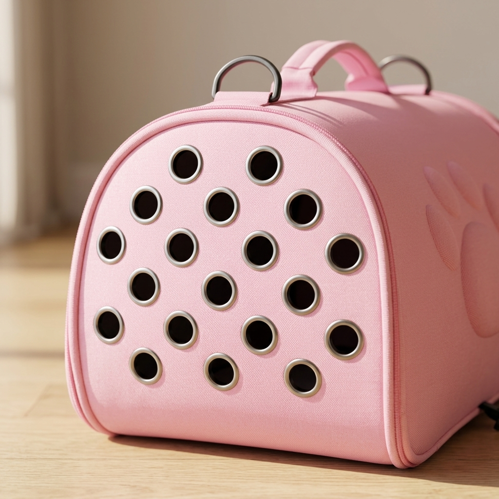 Close-up of the Roam carrier breathable ventilation holes and embossed paw print