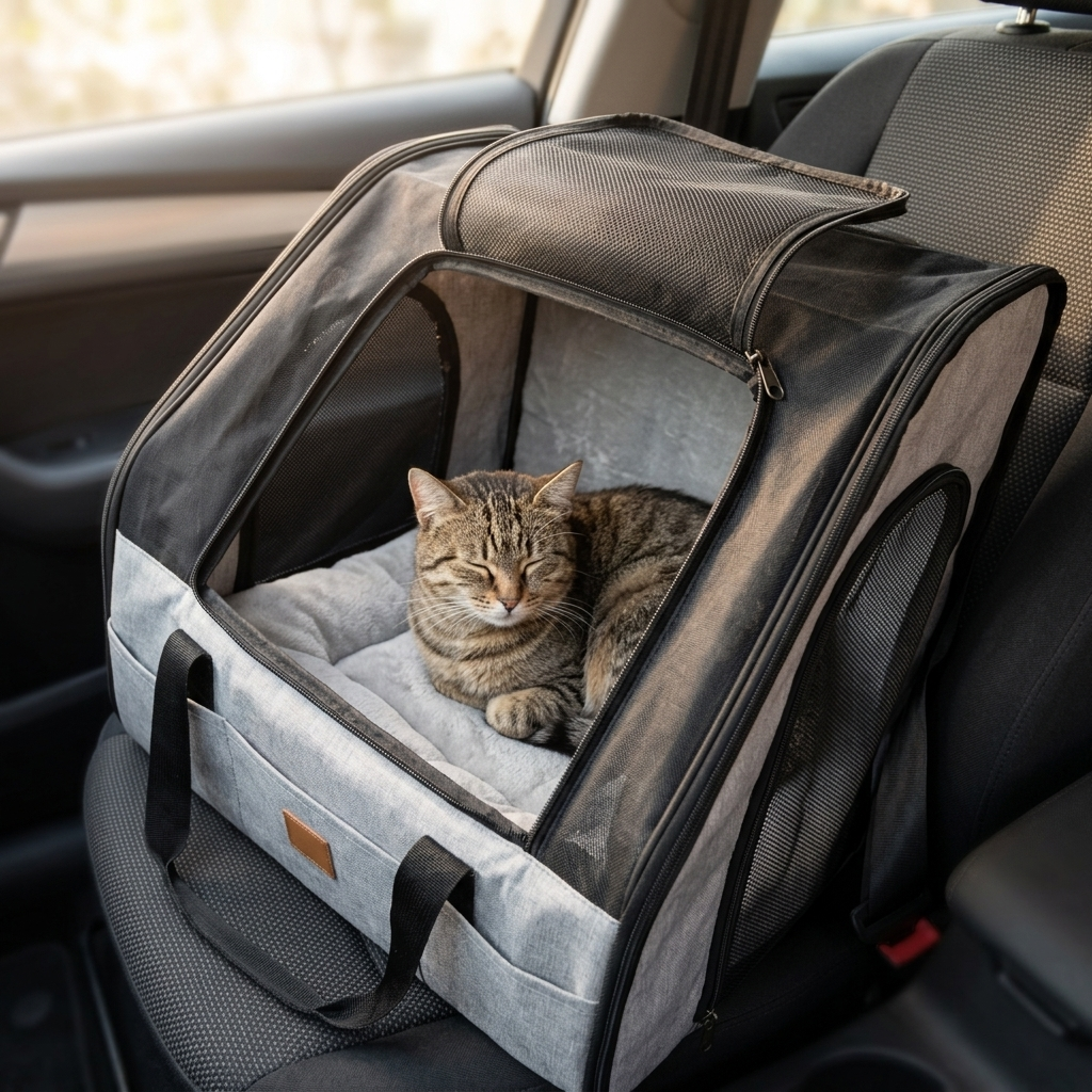 Cat curled up cozily inside the Vista carrier