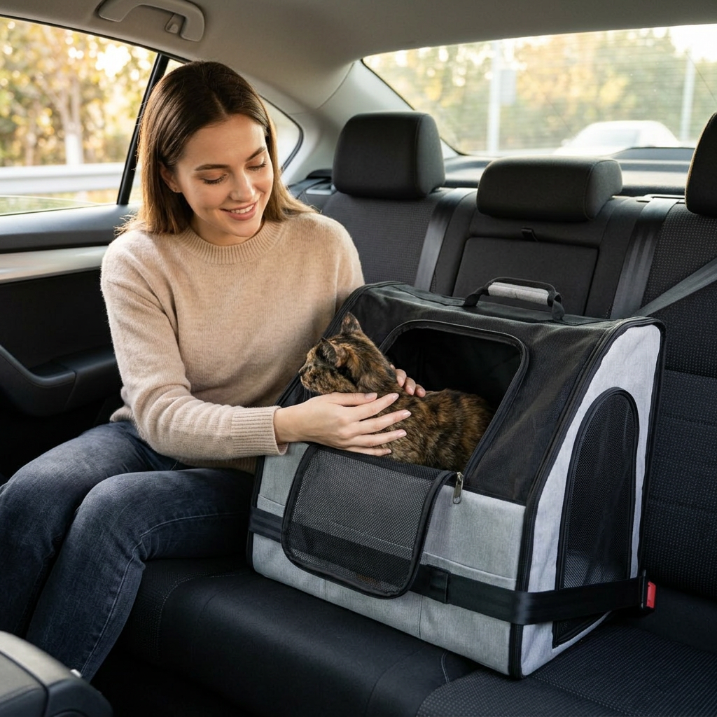 Woman settling her cat into the Vista carrier on the car seat
