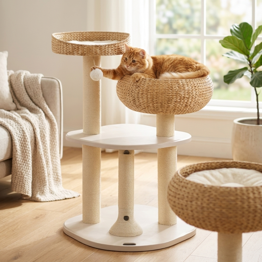 Cat lounging on the Aspen top perch batting the hanging pom-pom toy