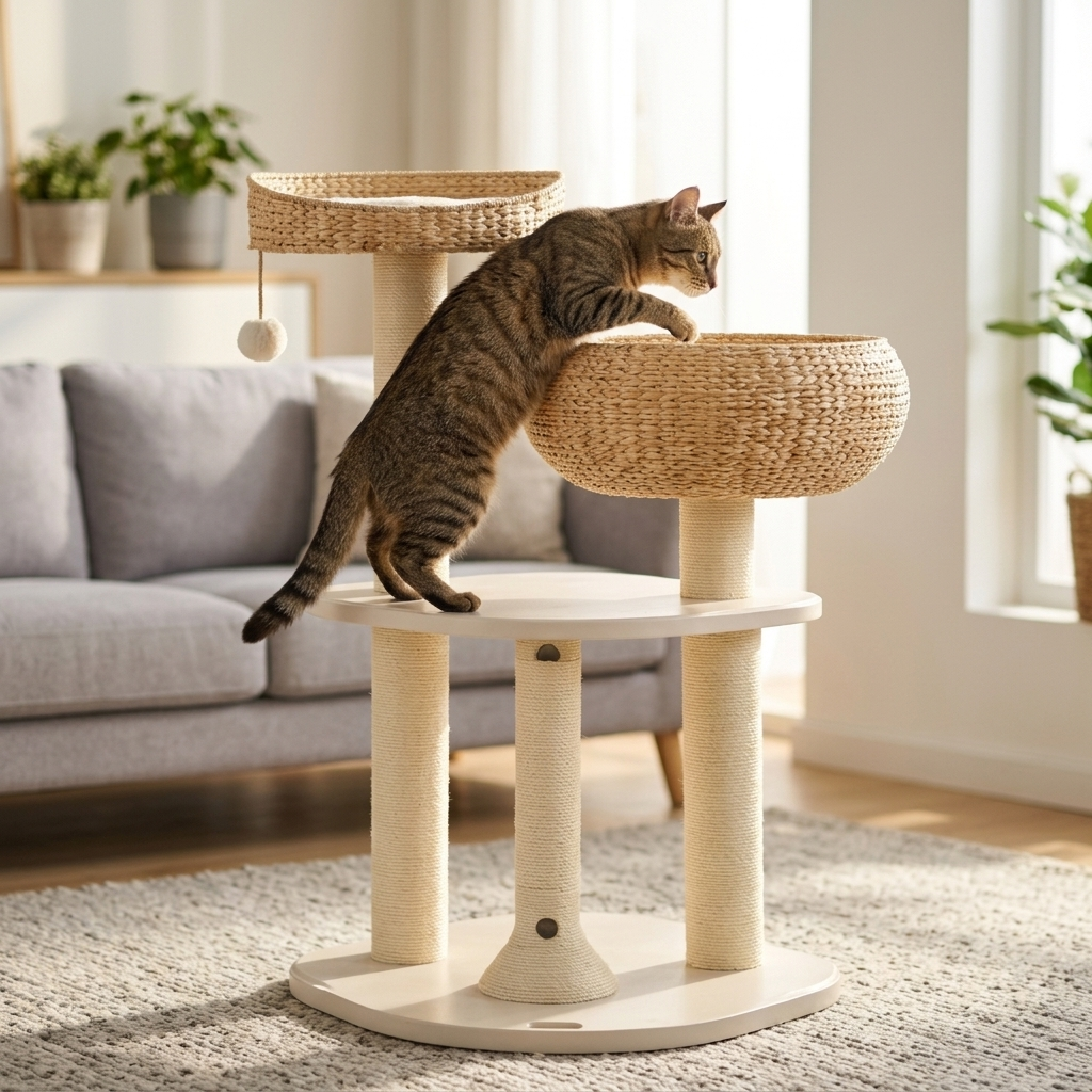 Cat climbing between the platforms of the Aspen cat tree