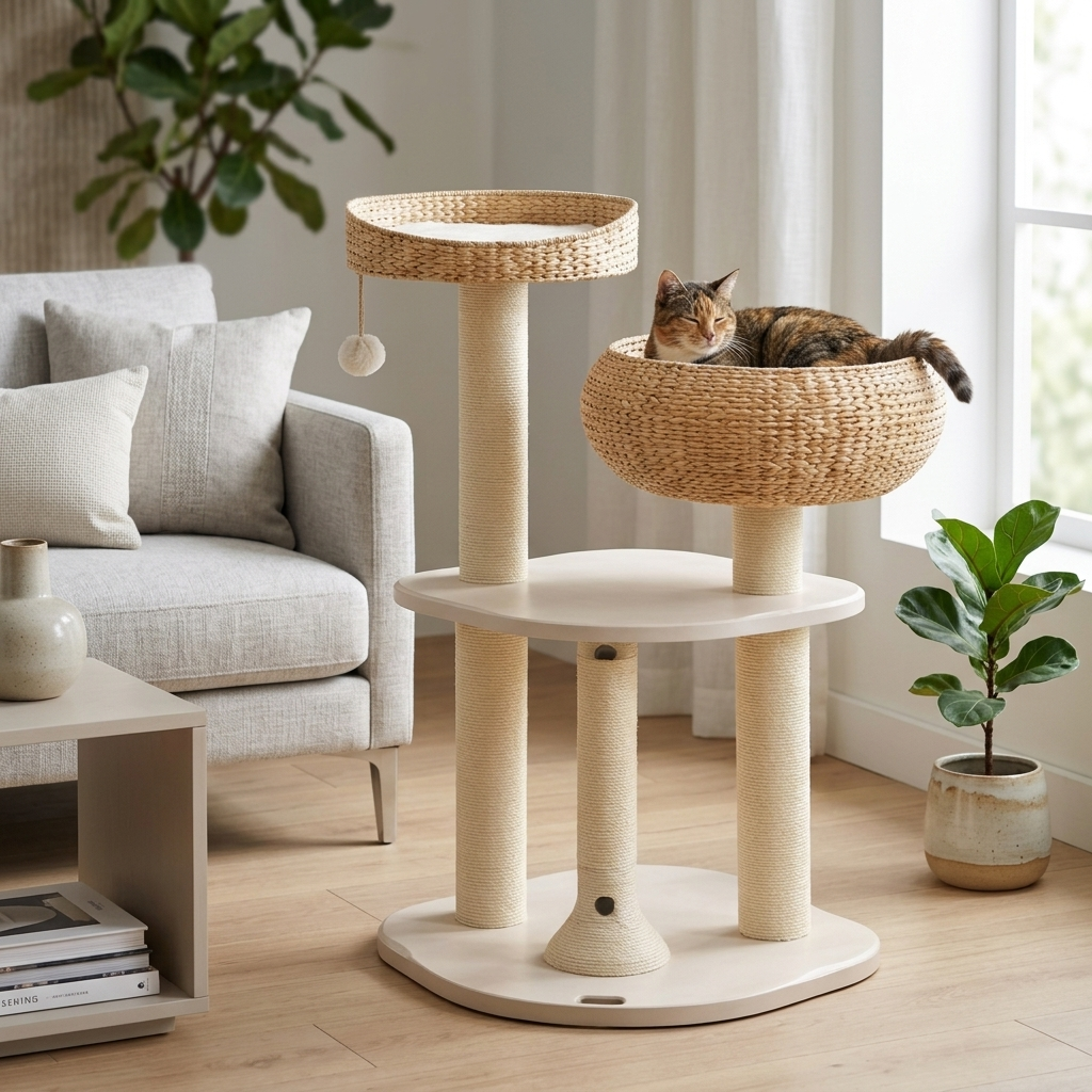 Aspen cat tree in a styled living room with a cat resting in the woven basket