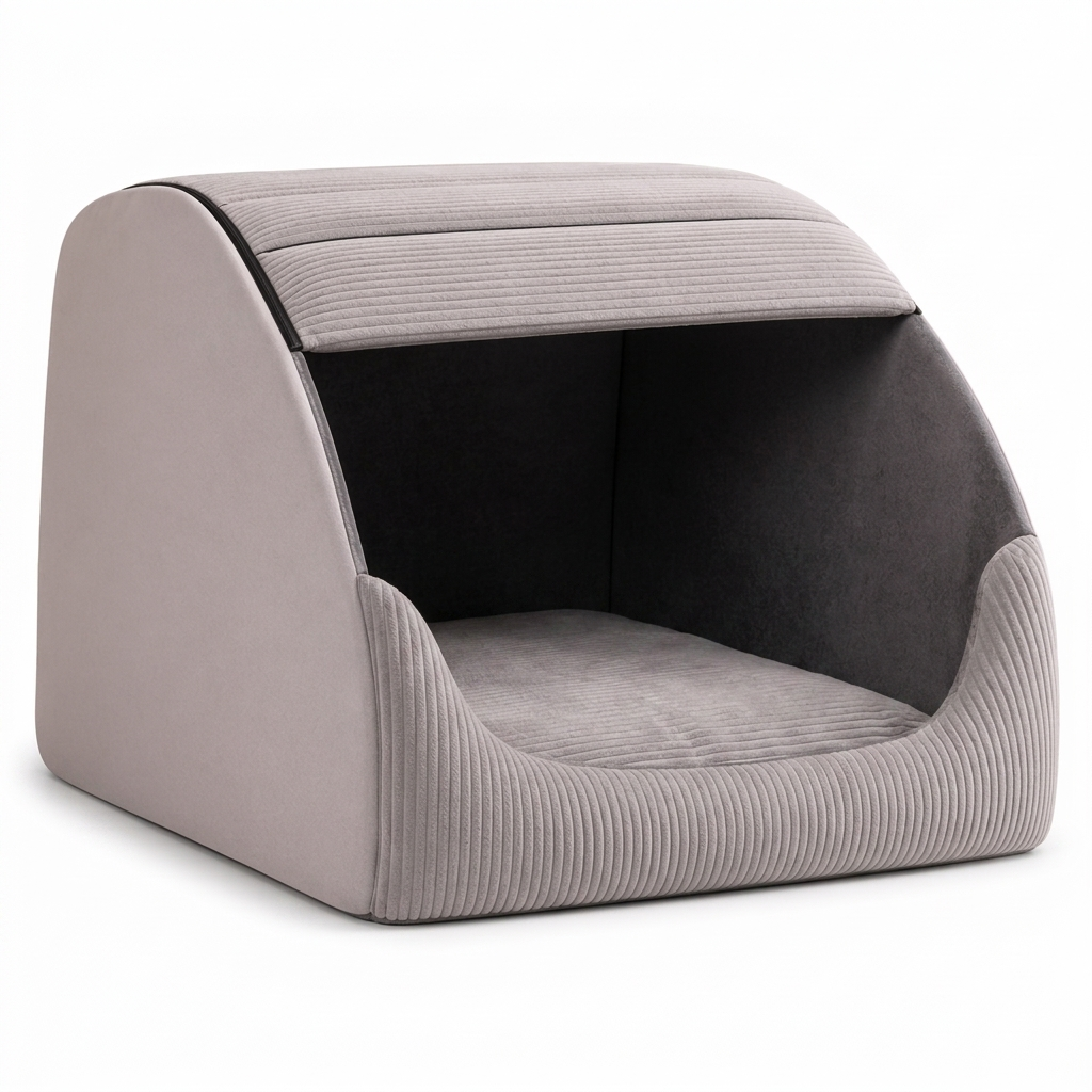 Nook hooded cave cat bed in grey ribbed corduroy, product on white