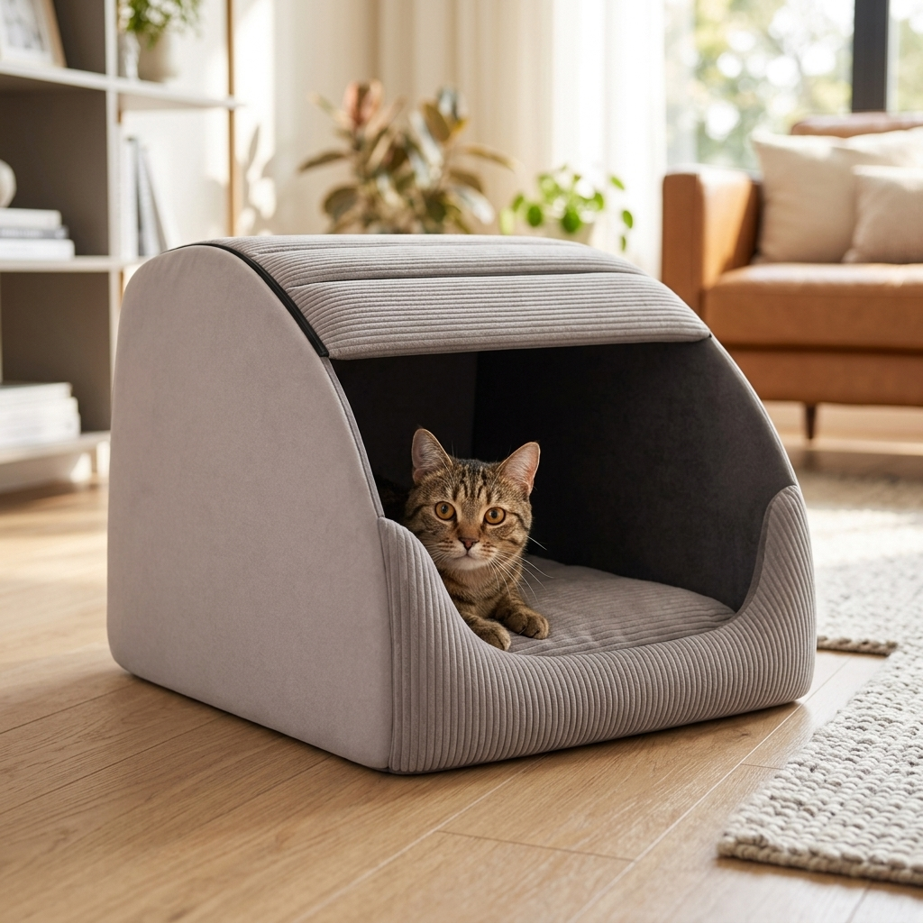 Cat resting in the Nook den looking out the front opening