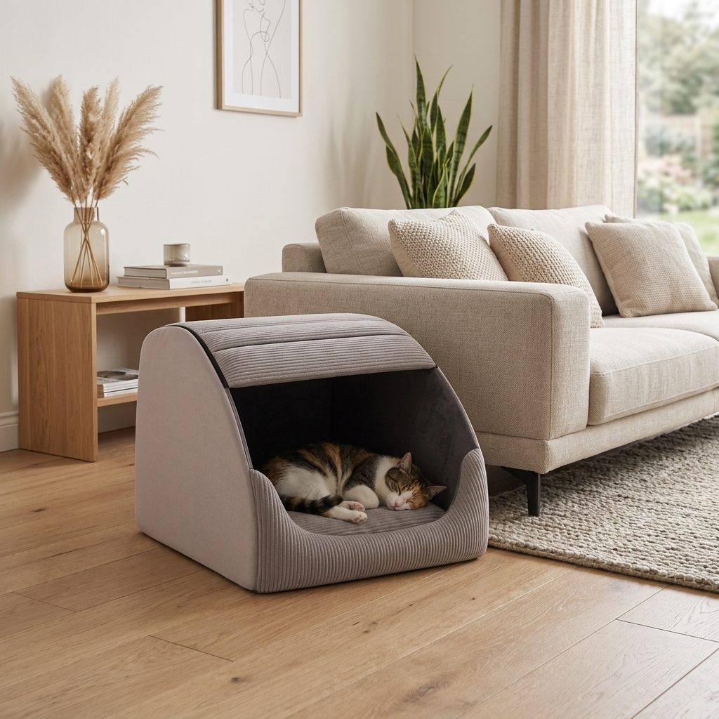 Nook hooded cave bed in a styled living room with a cat inside