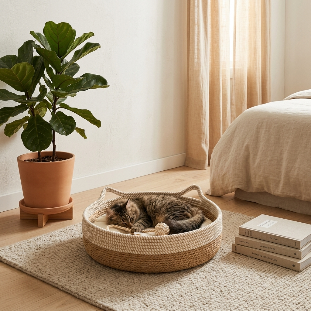 Reed cat bed basket styled in a cozy bedroom corner with a cat
