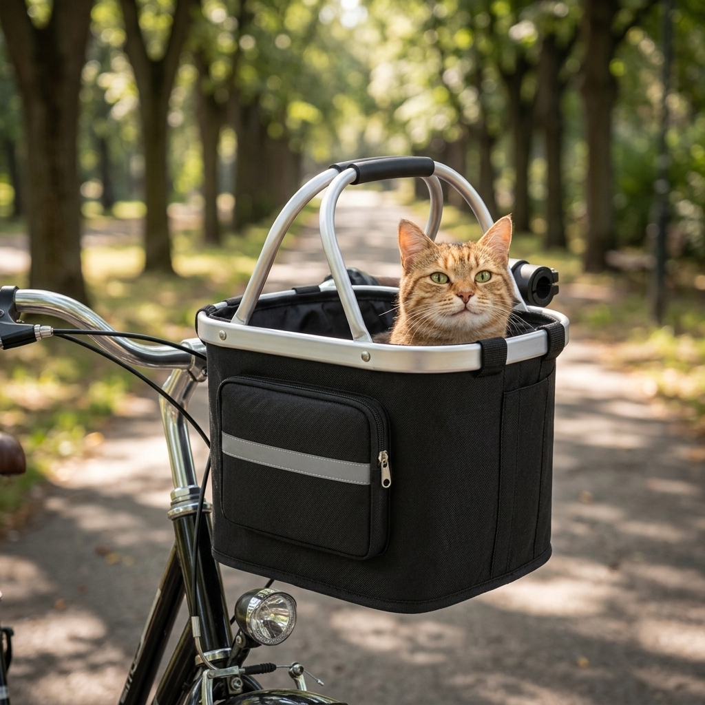 Cat riding in the Scout basket mounted on a bike in the park
