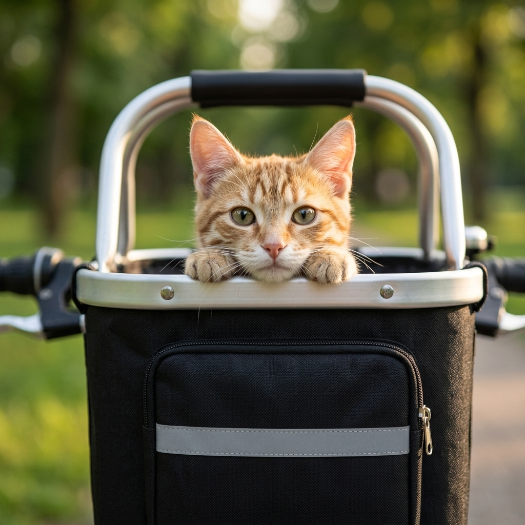 Cat peeking over the aluminum rim of the Scout bike basket