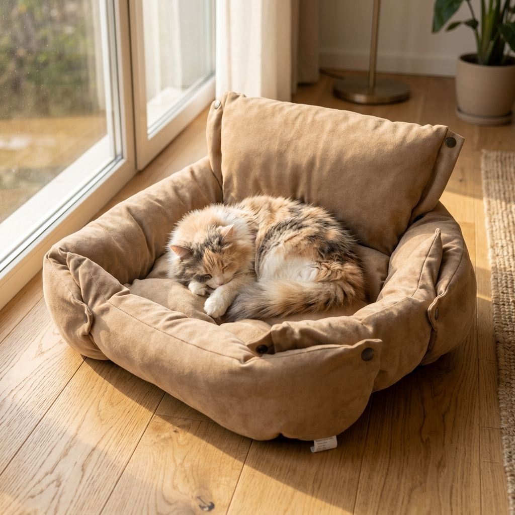 Cat curled asleep in the Drift cat sofa bed